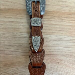 Tony Lama Brown Leather Belt with Silver Buckle